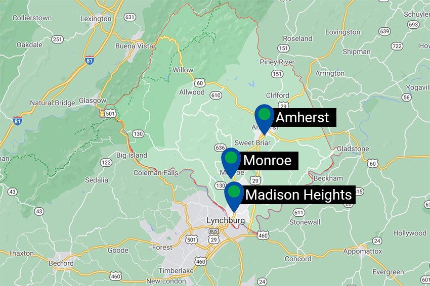 Map of central Virginia showing Amherst, Monroe, and Madison Heights in relation to Lynchburg.