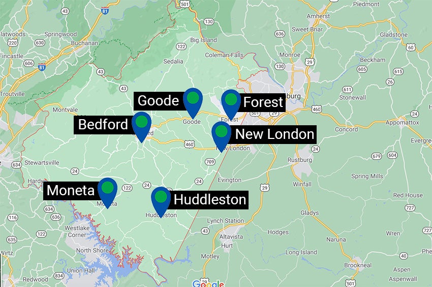 A map showing five locations in Virginia: Bedford, Goode, Forest, New London, Moneta, and Huddleston.