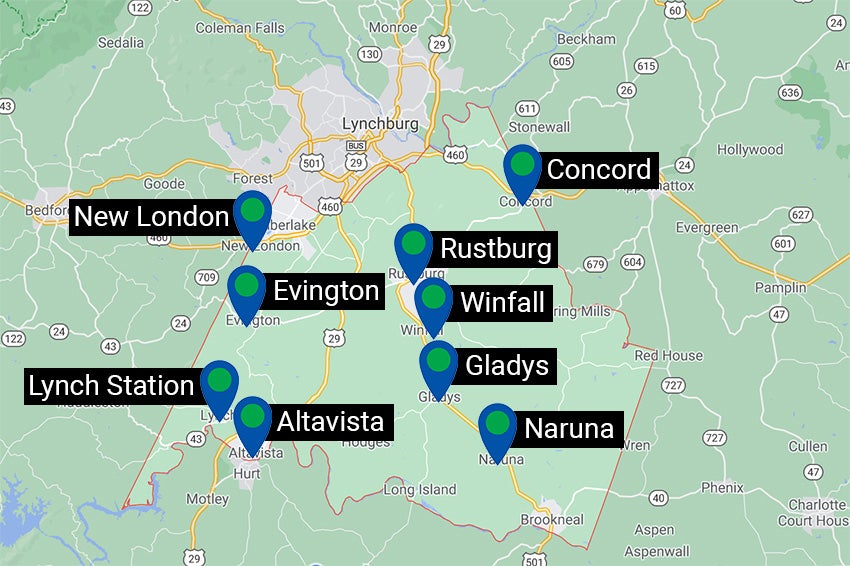 Map of central Virginia showing Amherst, Monroe, and Madison Heights in relation to Lynchburg.