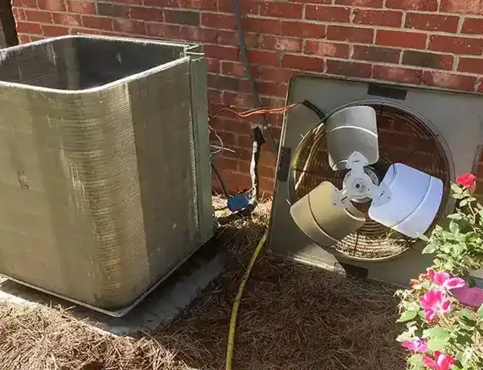 An outdoor AC unit disassembled