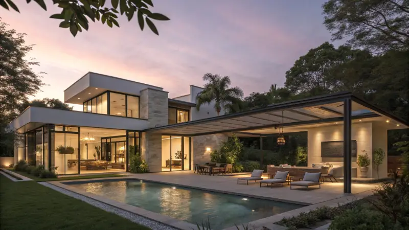 A small house with a chimney and large windows sits among tall trees at night, illuminated by pathway lights.