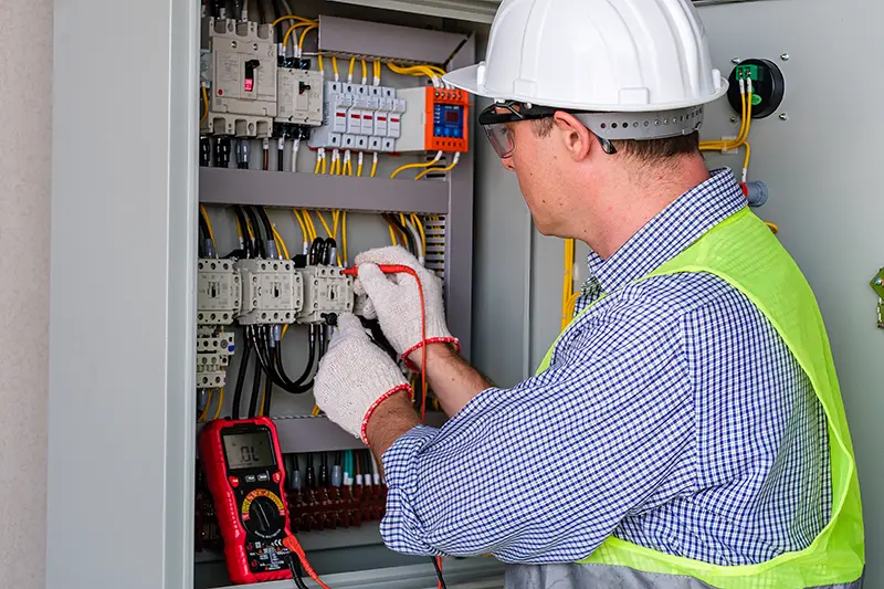 Electrician in a hard hat and safety glasses testing wiring in a breaker box with a multimeter.