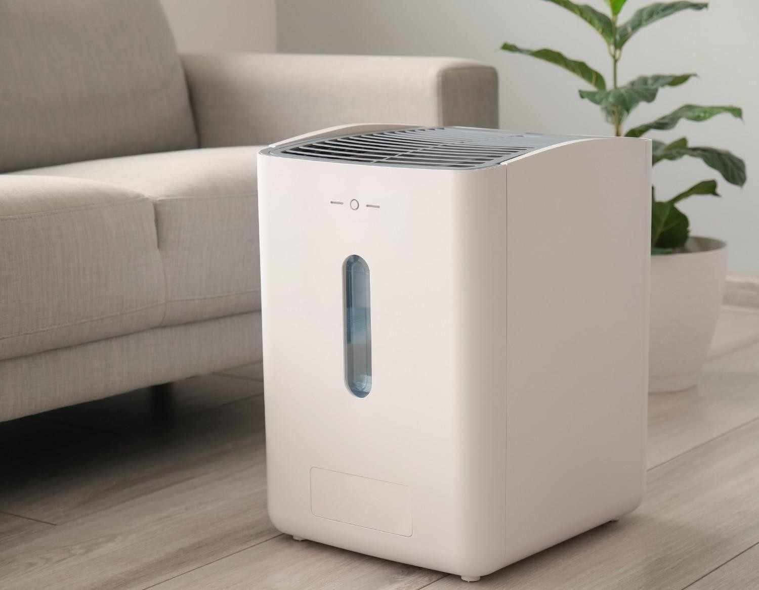 A rectangular cream-colored air purifier on a light wood floor, with a soft gray sofa and green plant in the background.