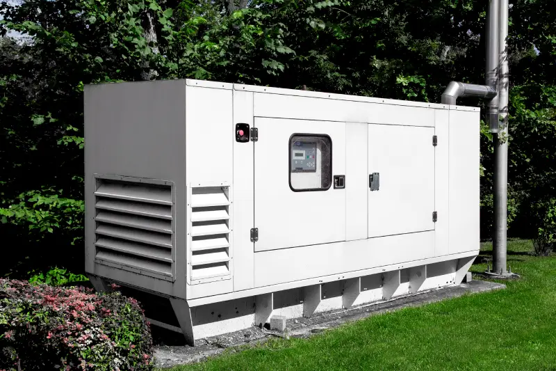 A large, white industrial generator sits on a concrete slab