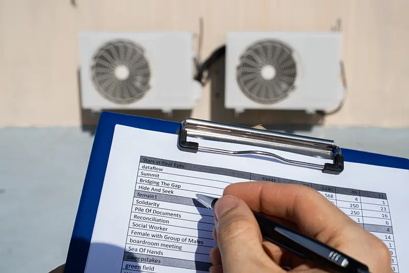 A close-up of a person's hand holding a pen and reviewing a checklist on a clipboard with two HVAC units in the blurred background.