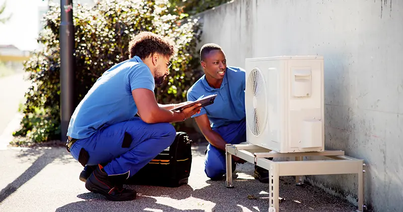 Two technicians in blue uniforms inspecting an outdoor AC unit.