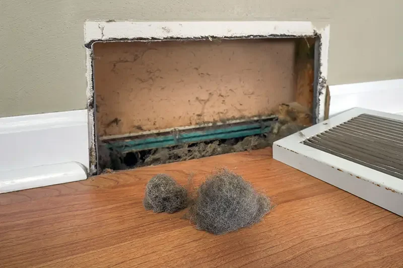 An open air vent with two large dust bunnies on a wooden floor.