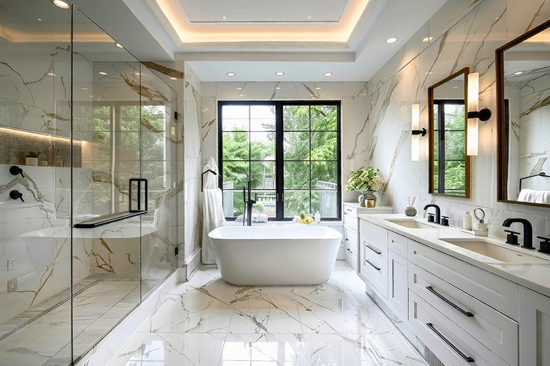 A luxurious bathroom with white marble walls and floors, a shower, a freestanding tub, and a double vanity.