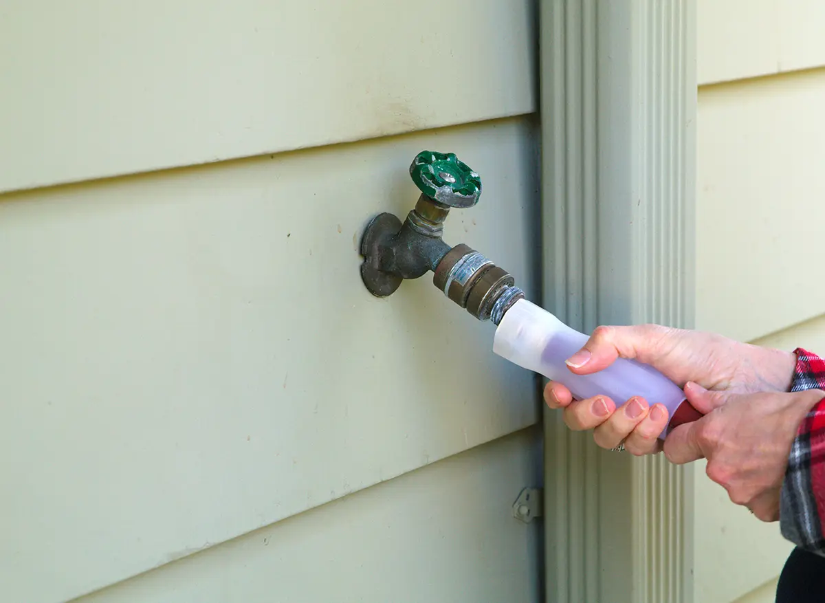 Hands attaching a light purple hose to an outdoor bronze spigot with a green handle on a beige house.