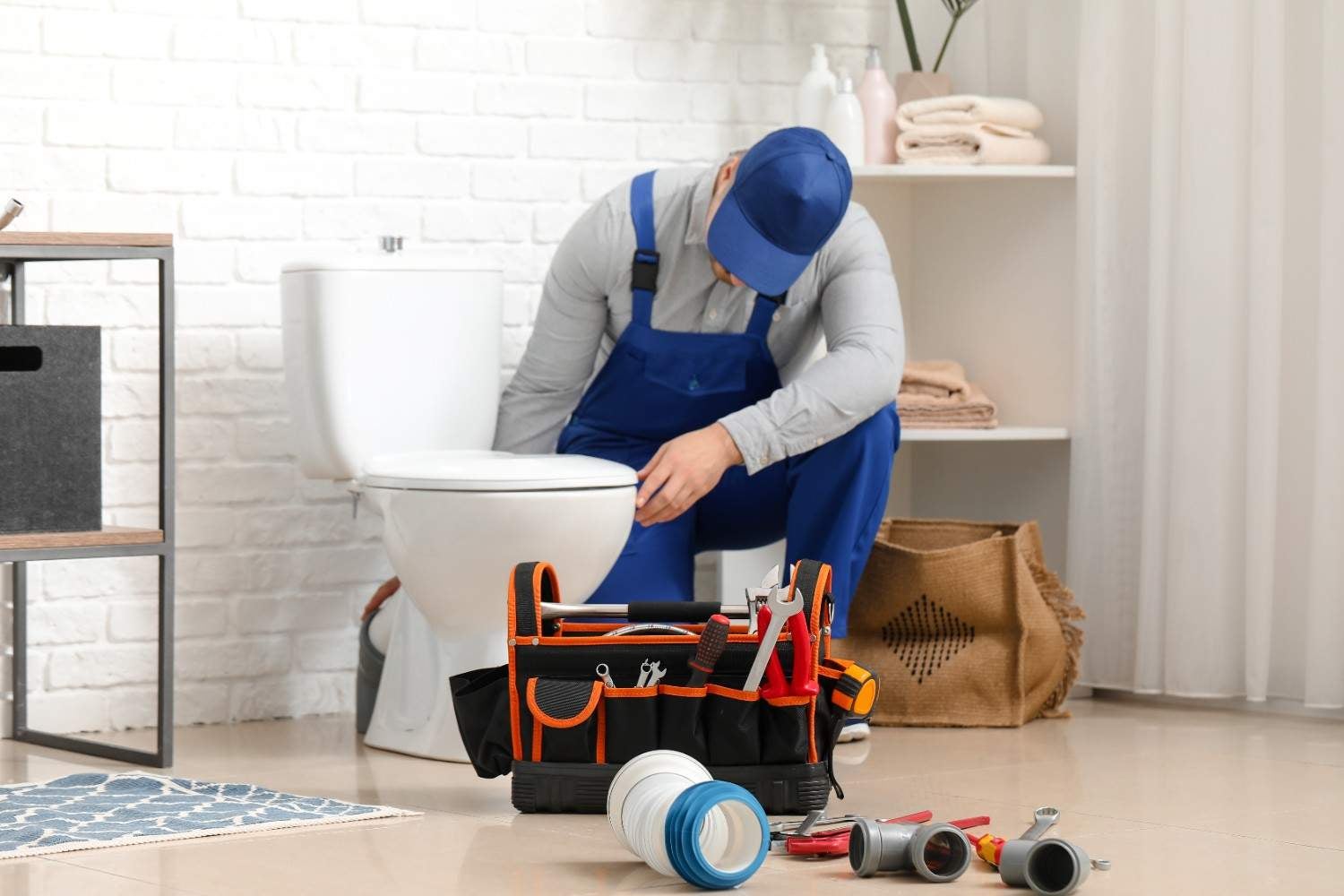 A plumber in blue overalls and cap fixes a toilet in a light tiled bathroom, tools visible in foreground.